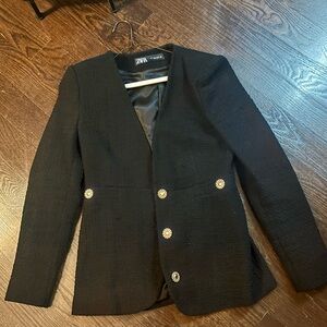 Zara Elegant Black Women's Tweed Blazer with Gold Buttons